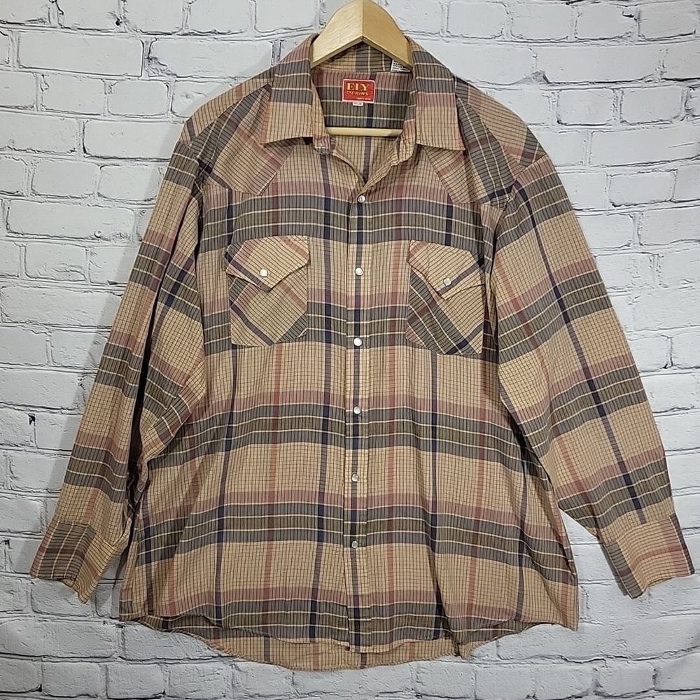 Ely Plains Mens Shirt Vintage Beige Plaid Button-Up 17.5‎ 35 Western Pearl Snap